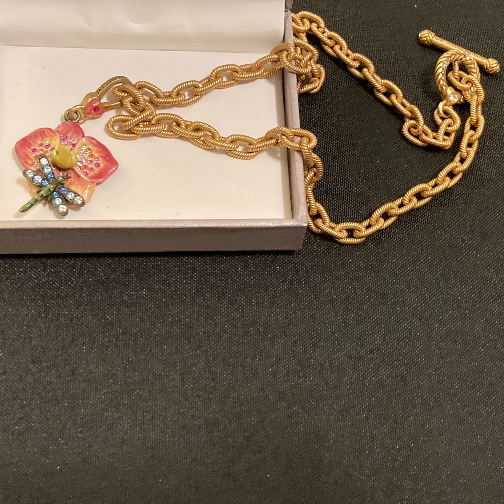 Jay Strongwater Necklace With Dragonfly on Pink Orchid Pendant